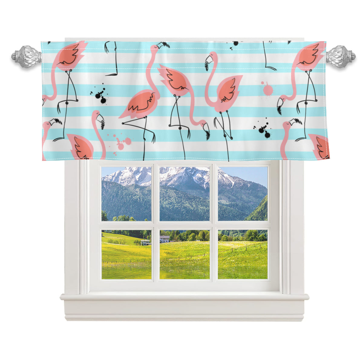 Retro Flamingo Kitchen Valance, Mid Century Modern Pink Blue Striped Window Curtain, Tropical 50s Kitsch Decor