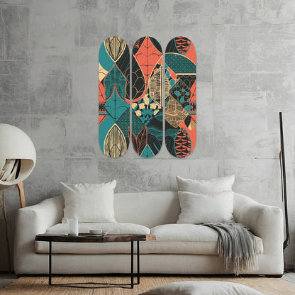 Scandinavian Danish Modern 3 Panels Wood Skateboard Wall Art, Mid Century Retro Floral Decor