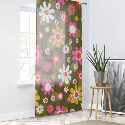 Groovy Daisy Flower Power Sheer Curtains, Retro Mid Mod Window Panels