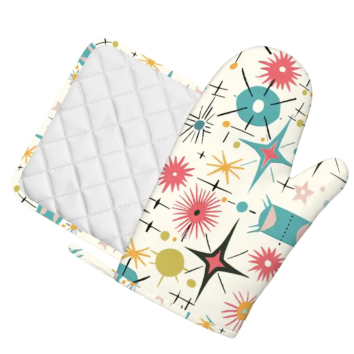 Retro Atomic Starburst Sputnik Mid Century Modern Oven Mitts and Pot Holders Sets (Left)