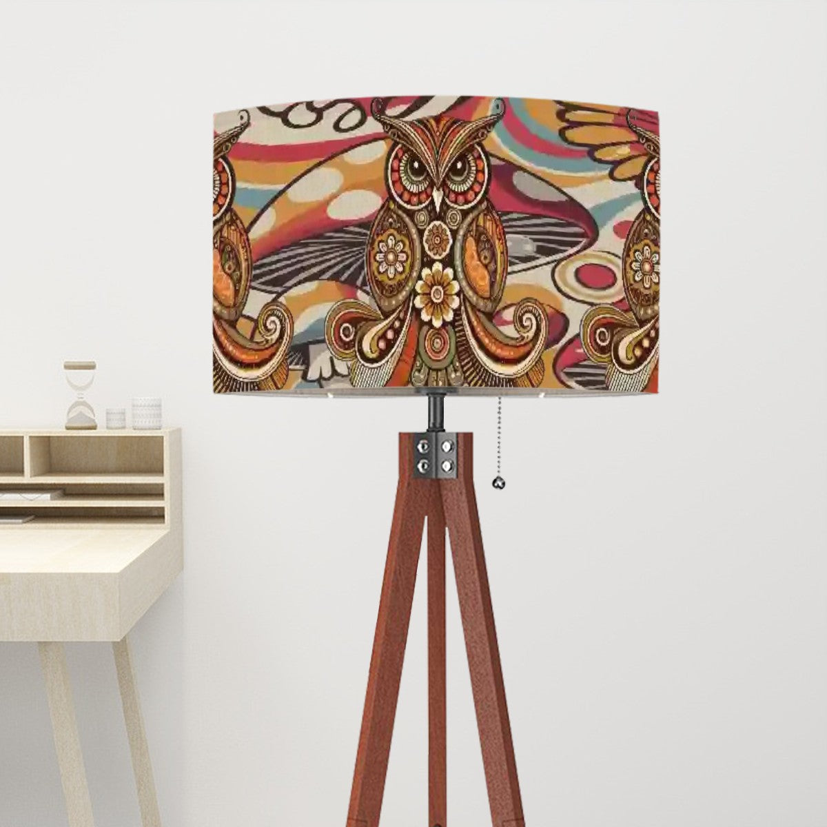 Psychedelic Owl Mushroom Drum Lampshade, Retro 1970s Boho Decor