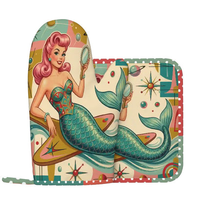 1950s Retro Mermaid Atomic Starburst Oven Mitt Pot Holder Set (Left)