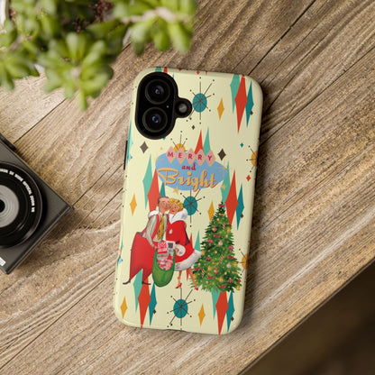 Merry and Bright Retro Christmas iPhone Case, 1950s Kitsch Mid Century Modern Holiday Cover, Atomic Starburst Vintage Phone Accessory