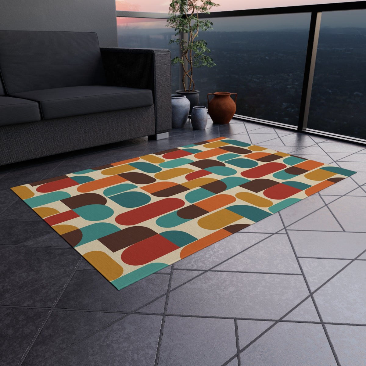 Groovy 70s Mod Geometric Mid Century Modern Outdoor Patio Rug