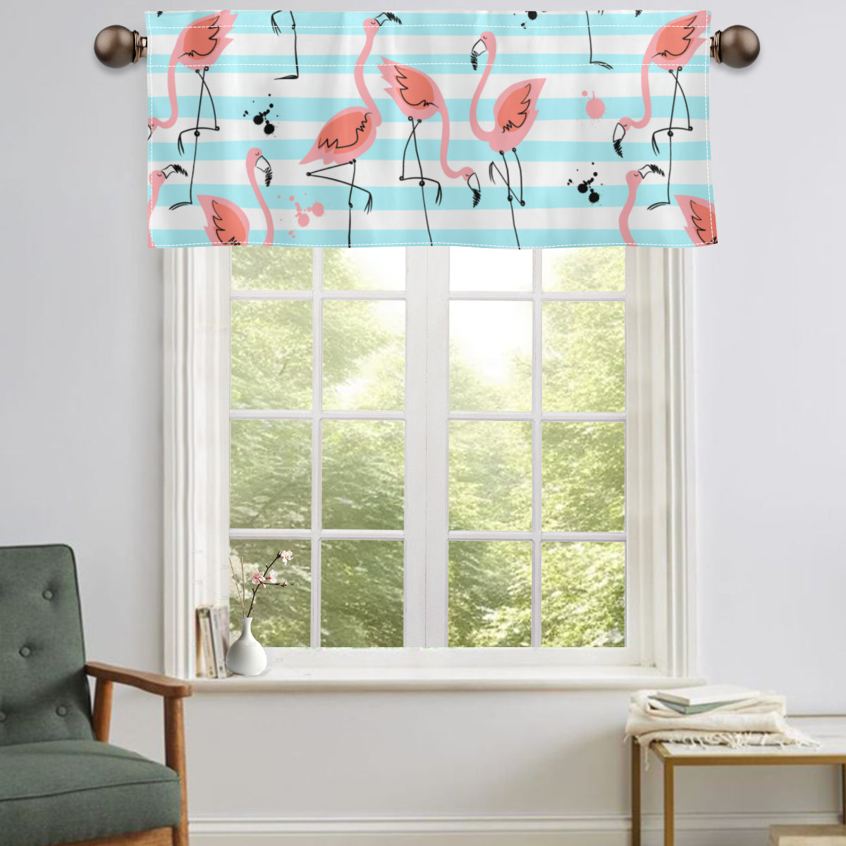 Retro Flamingo Kitchen Valance, Mid Century Modern Pink Blue Striped Window Curtain, Tropical 50s Kitsch Decor