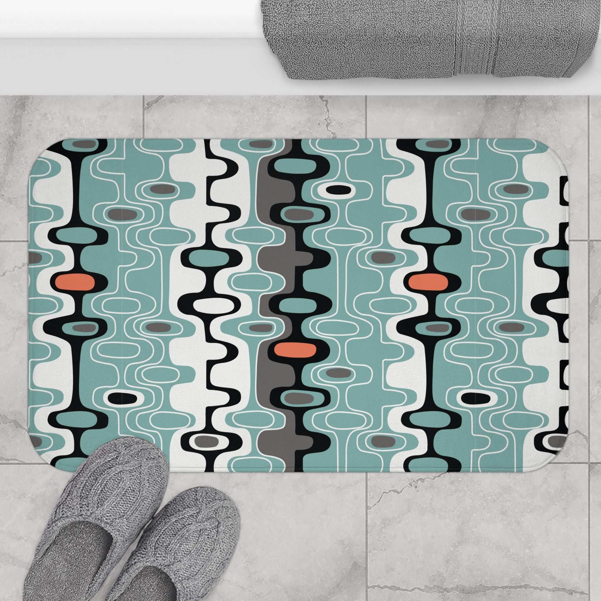 Mid Century Modern Retro Geometric Bath Mat, MCM Abstract Oval Bathroom Rug, Aqua Orange Gray Accent Mat