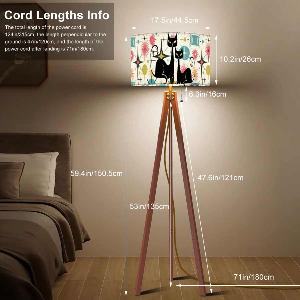 Kitschy Atomic Cat Starburst Mid Century Modern Tripod Floor Lamp