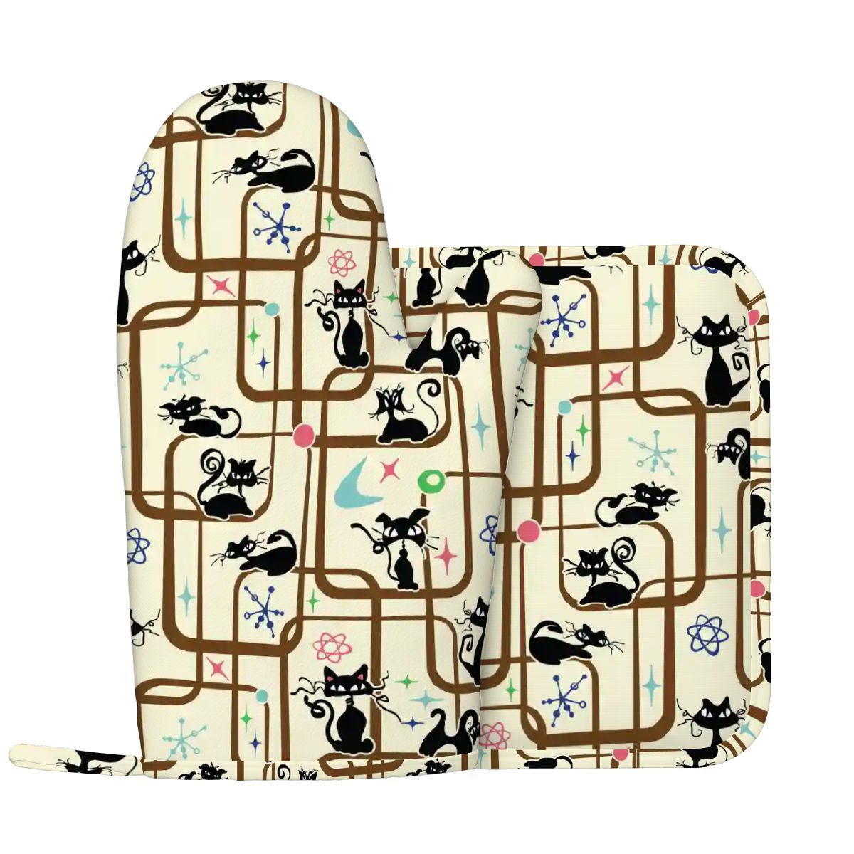 Atomic Cat Mid Century Modern Retro Oven Mitt Pot Holder Set (Left)