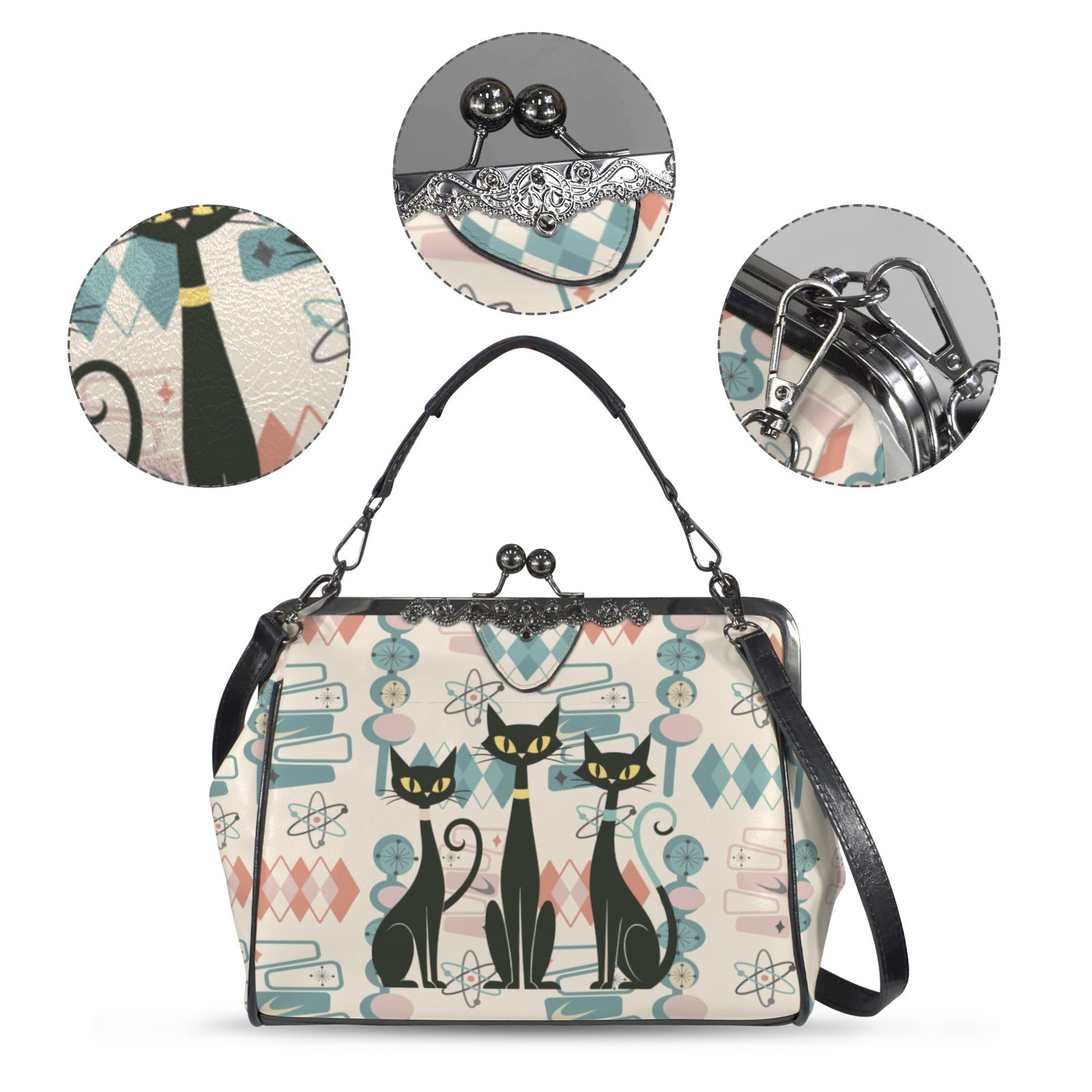 Atomic Cat Retro Mid Century Modern Starburst 50s Kiss Lock Bag