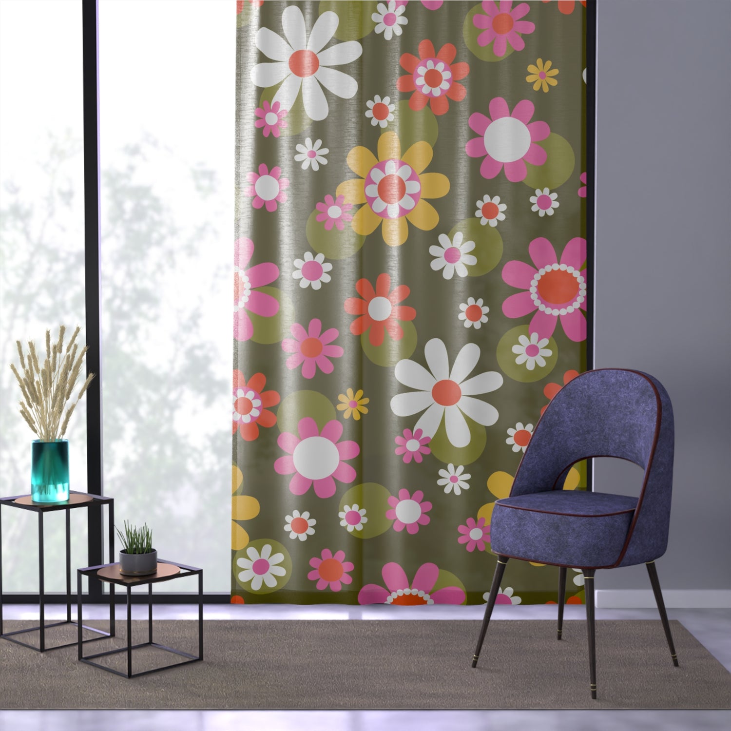 Groovy Daisy Flower Power Sheer Curtains, Retro Mid Mod Window Panels