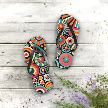 Groovy 70s Psychedelic Flip Flops, Retro Sunburst Beach Sandals