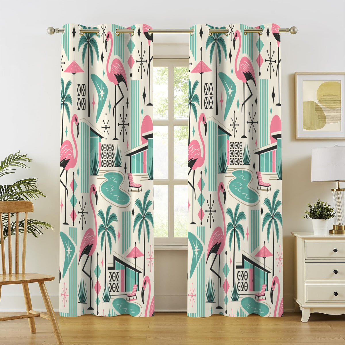 Palm Springs Flamingo Mid Century Modern Grommet Curtain Panels