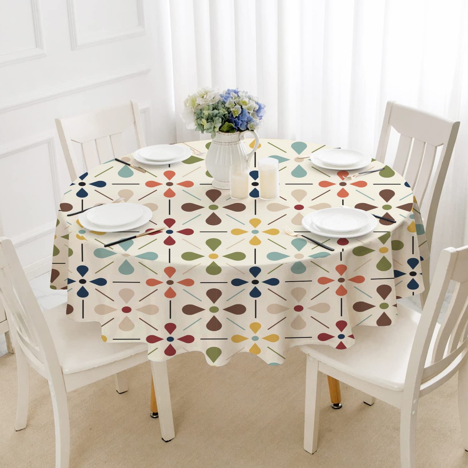 Scandinavian Danish Floral Mid Century Modern Retro Round Tablecloth