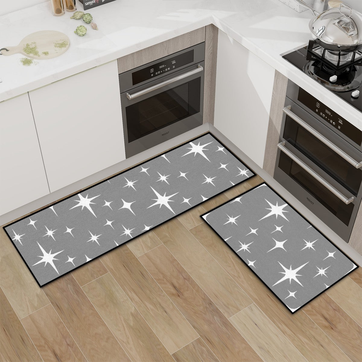 Atomic Starburst Mid Century Modern Kitchen Mat Set, Retro 1950s Rugs