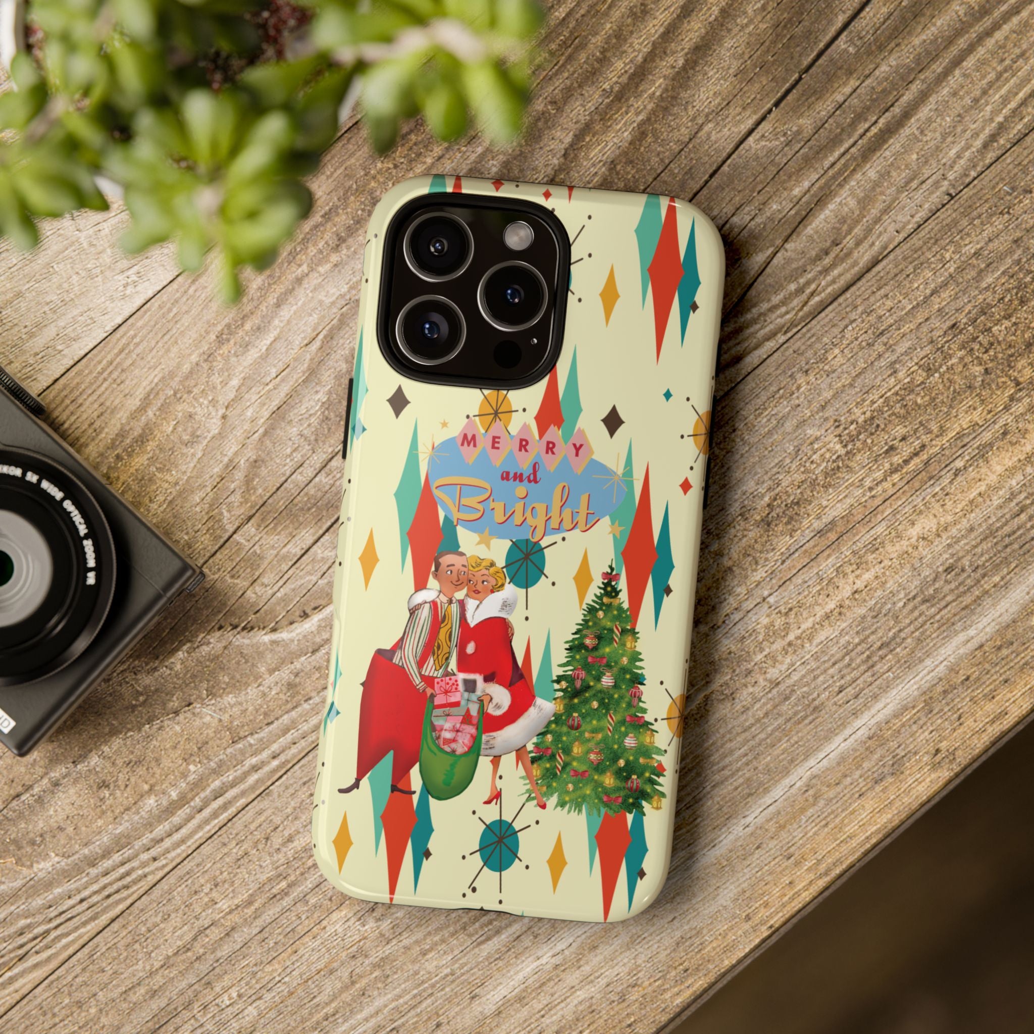 Merry and Bright Retro Christmas iPhone Case, 1950s Kitsch Mid Century Modern Holiday Cover, Atomic Starburst Vintage Phone Accessory