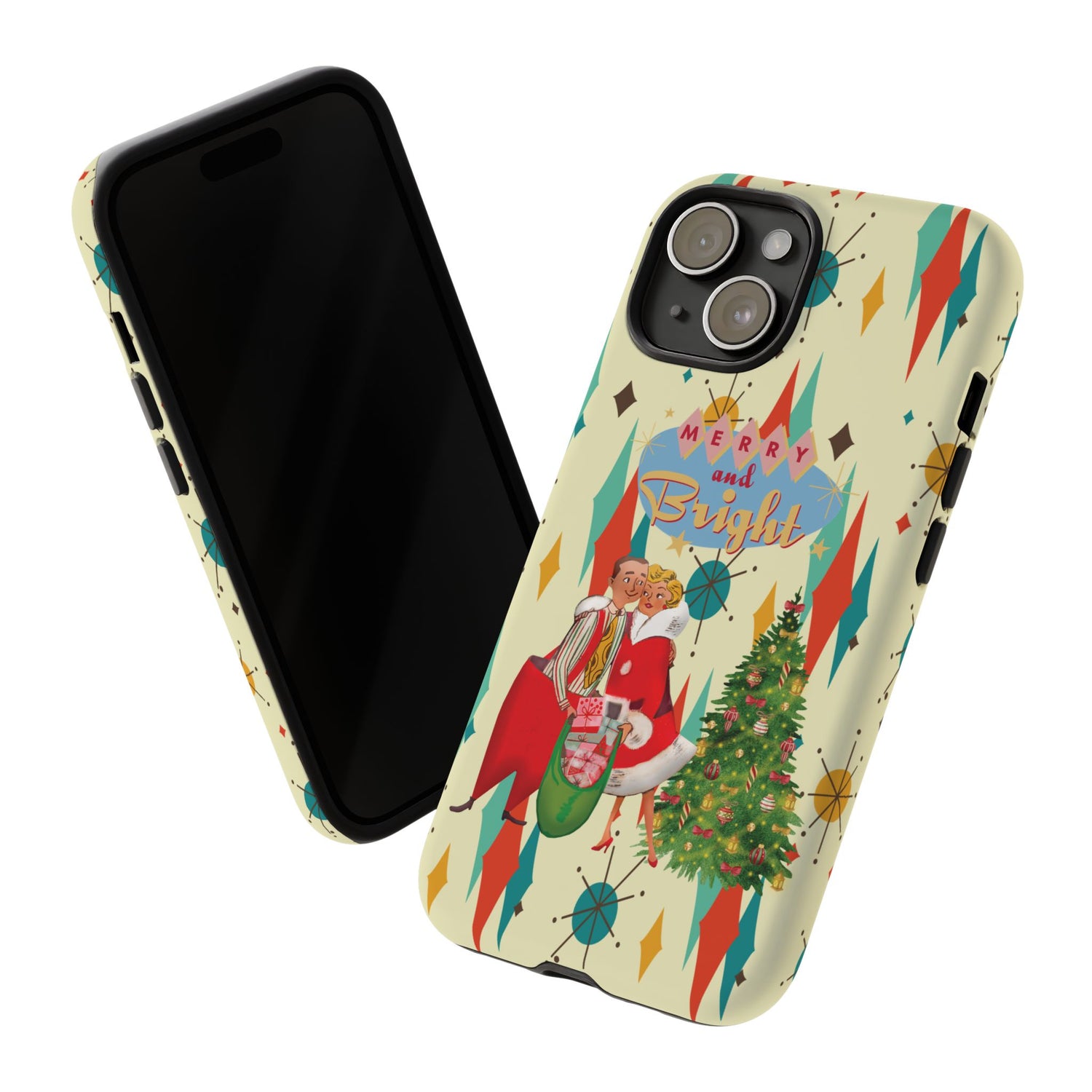 Merry and Bright Retro Christmas iPhone Case, 1950s Kitsch Mid Century Modern Holiday Cover, Atomic Starburst Vintage Phone Accessory