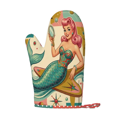1950s Retro Mermaid Atomic Starburst Oven Mitt Pot Holder Set (Right)
