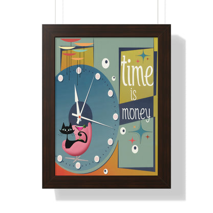 Atomic Cat Mid Century Modern Time is Money Framed Vertical Poster, Retro 50s Wall Art, MCM Clock Starburst Decor