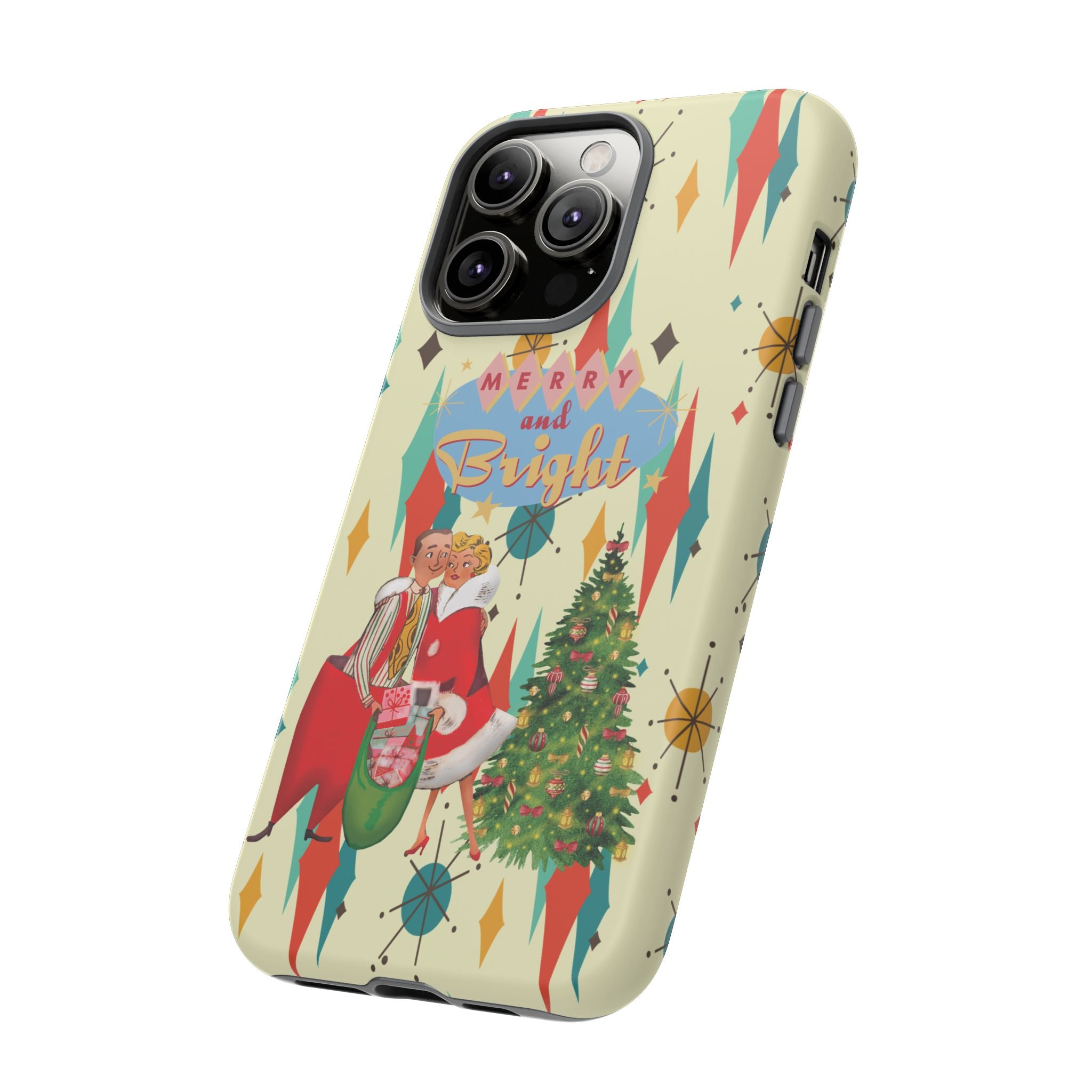 Merry and Bright Retro Christmas iPhone Case, 1950s Kitsch Mid Century Modern Holiday Cover, Atomic Starburst Vintage Phone Accessory