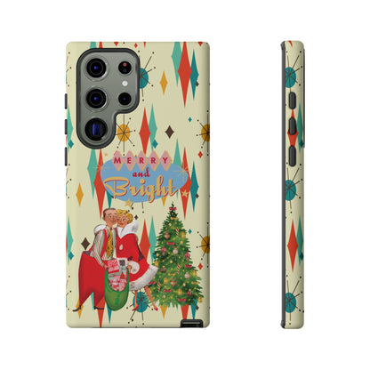 Merry and Bright Retro Christmas iPhone Case, 1950s Kitsch Mid Century Modern Holiday Cover, Atomic Starburst Vintage Phone Accessory