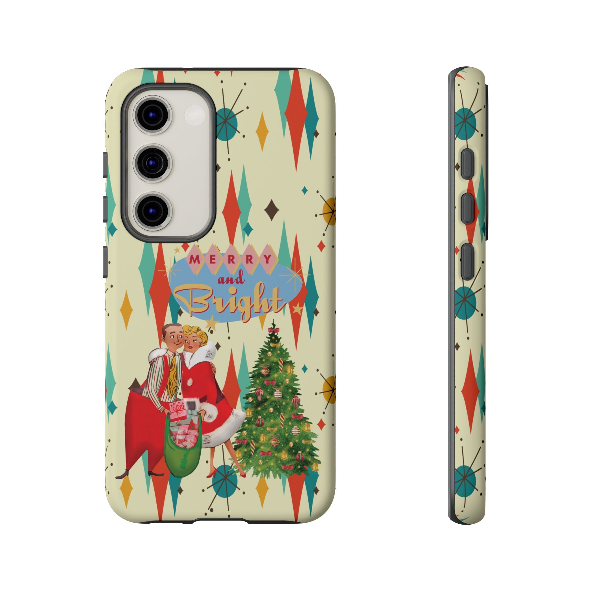 Merry and Bright Retro Christmas iPhone Case, 1950s Kitsch Mid Century Modern Holiday Cover, Atomic Starburst Vintage Phone Accessory