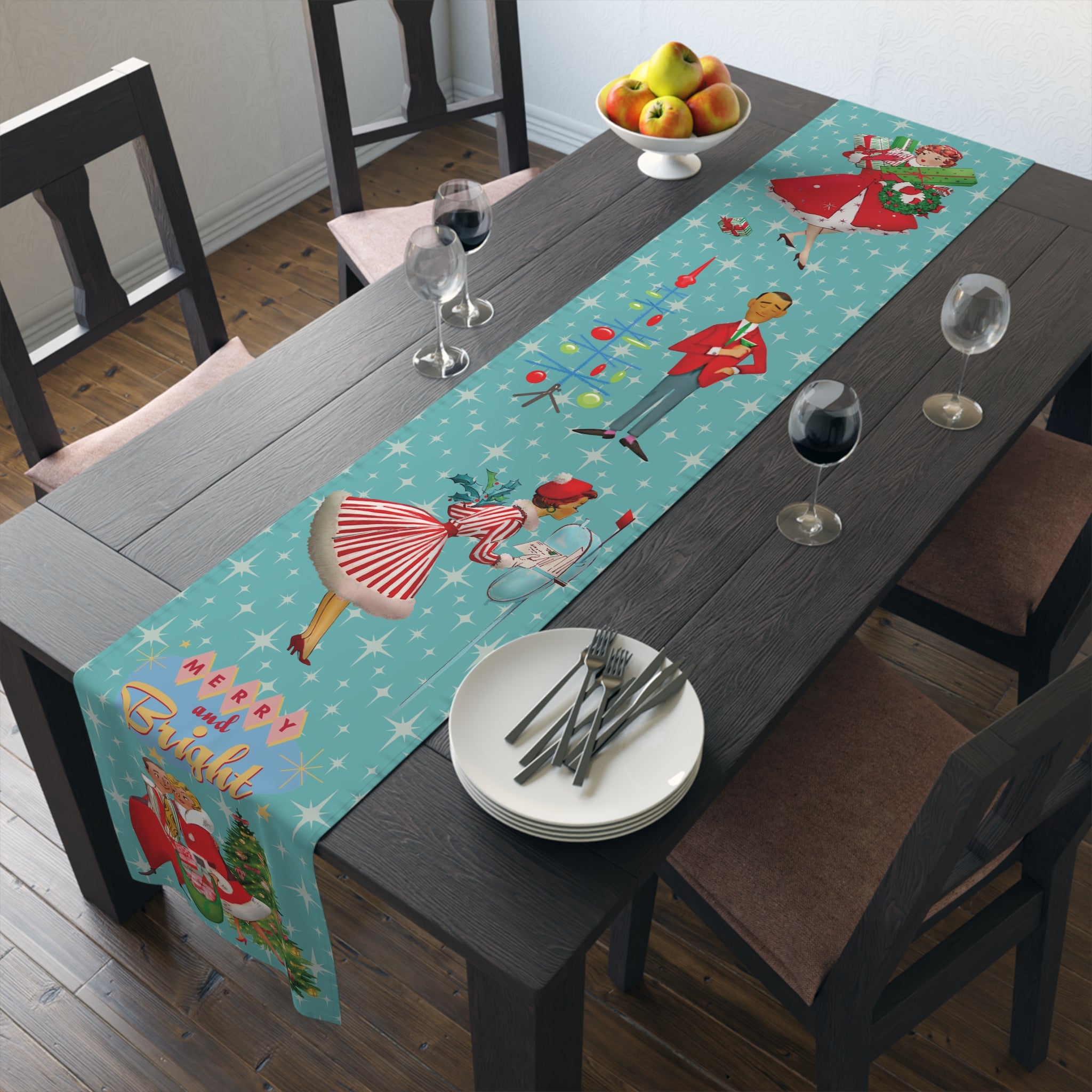 Merry and Bright Retro 1950s Mid Century Modern Christmas Table Runner