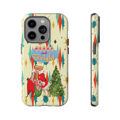 Merry and Bright Retro Christmas iPhone Case, 1950s Kitsch Mid Century Modern Holiday Cover, Atomic Starburst Vintage Phone Accessory