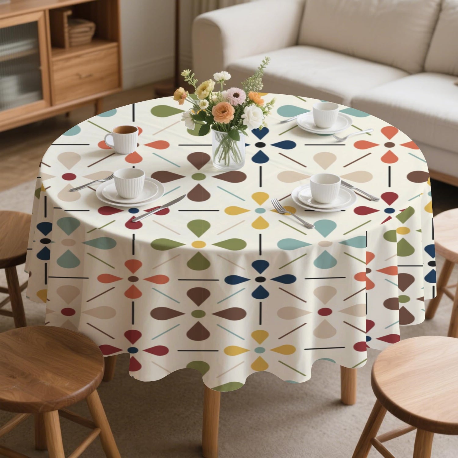 Scandinavian Danish Floral Mid Century Modern Retro Round Tablecloth