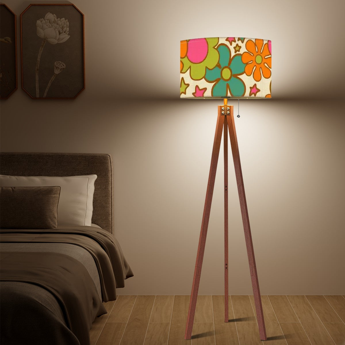 70s Flower Power Retro Floral Drum Lamp Shade, Mid Century Modern