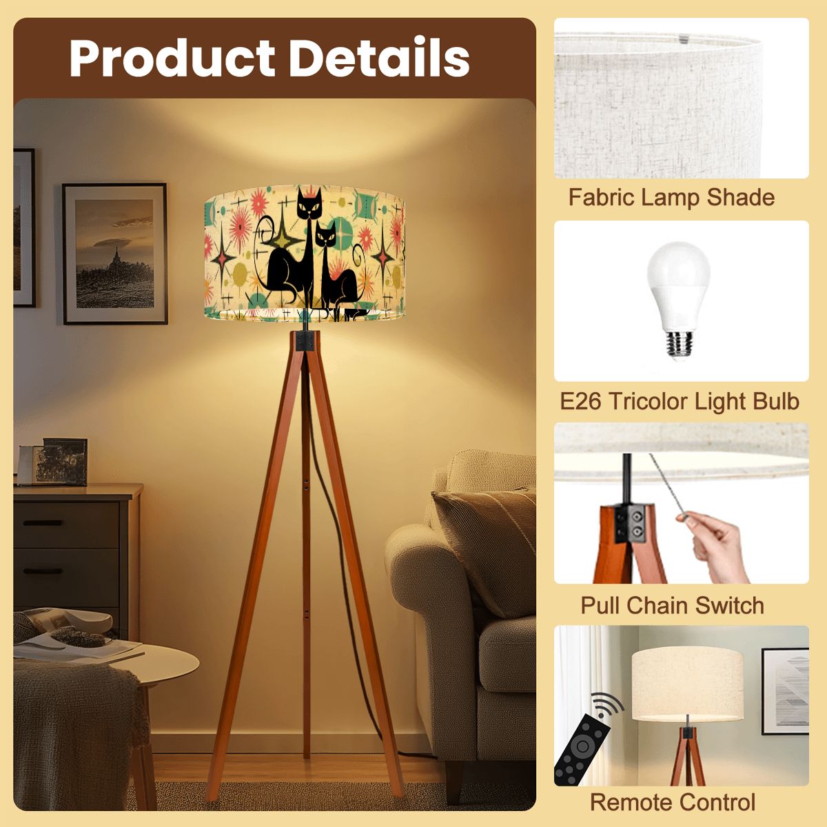 Kitschy Atomic Cat Starburst Mid Century Modern Tripod Floor Lamp