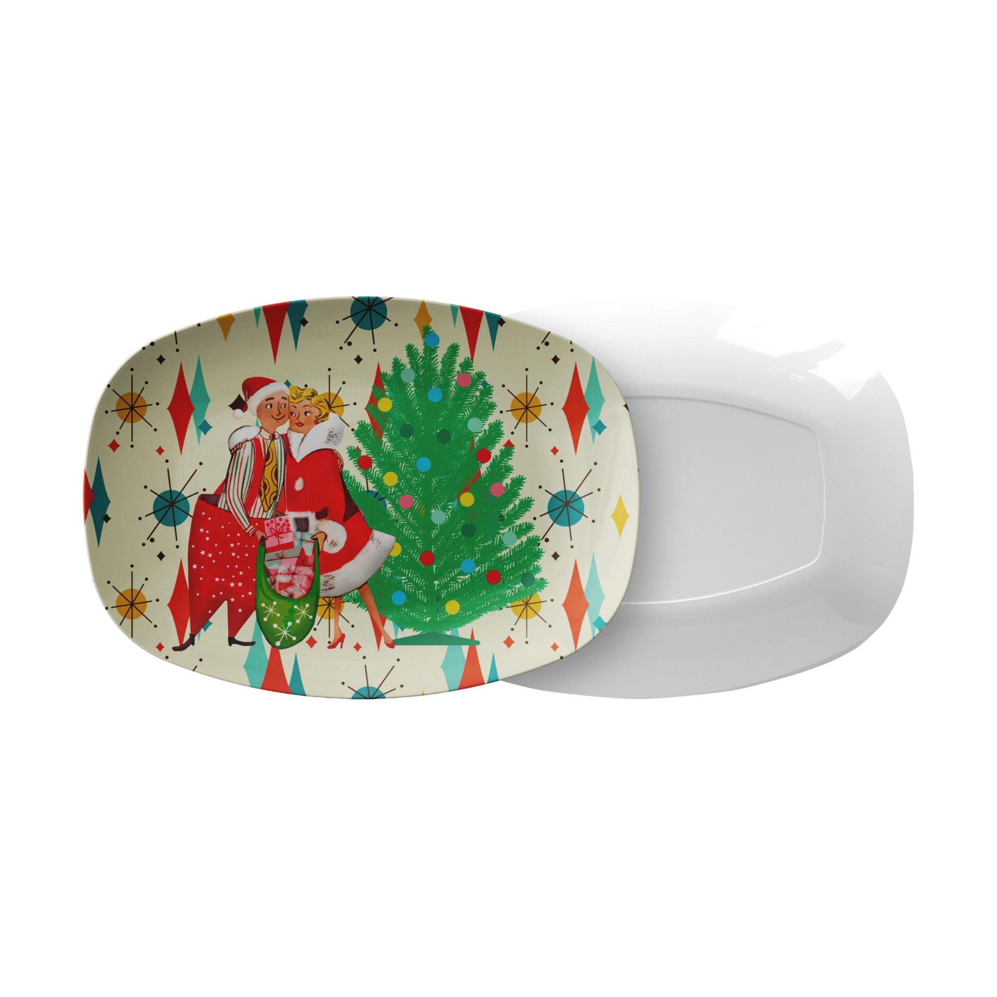 Retro Vintage 50s Christmas Platter Mid Century Modern Starburst Holiday Couple Dinnerware