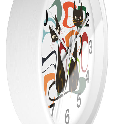Atomic Cat Wall Clock, Mid Century Modern Retro Style, Orange, Green, and Blue, Wall Art Decor