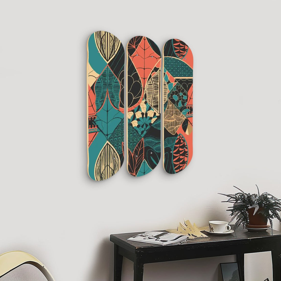 Scandinavian Danish Modern 3 Panels Wood Skateboard Wall Art, Mid Century Retro Floral Decor