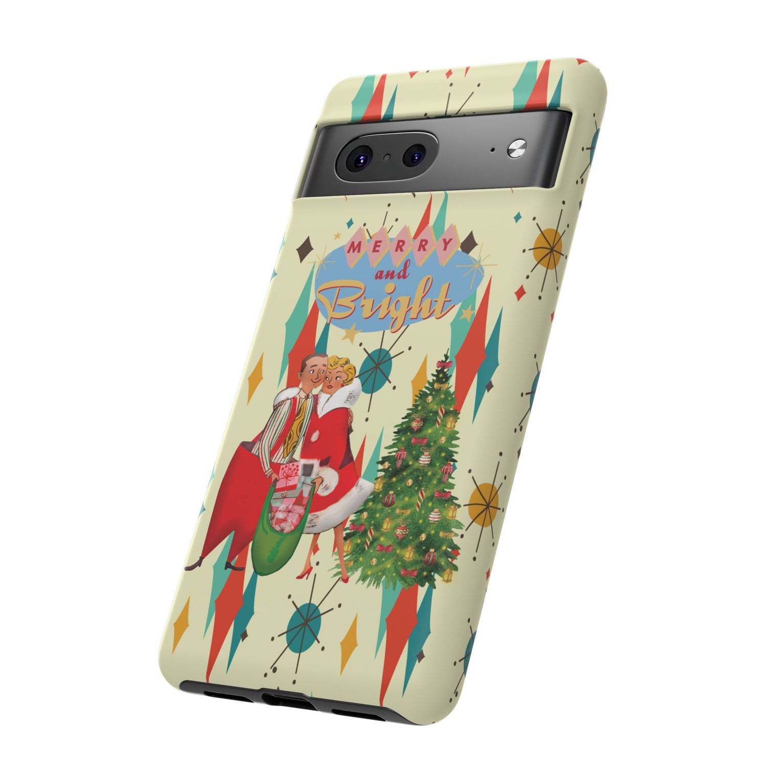 Merry and Bright Retro Christmas iPhone Case, 1950s Kitsch Mid Century Modern Holiday Cover, Atomic Starburst Vintage Phone Accessory