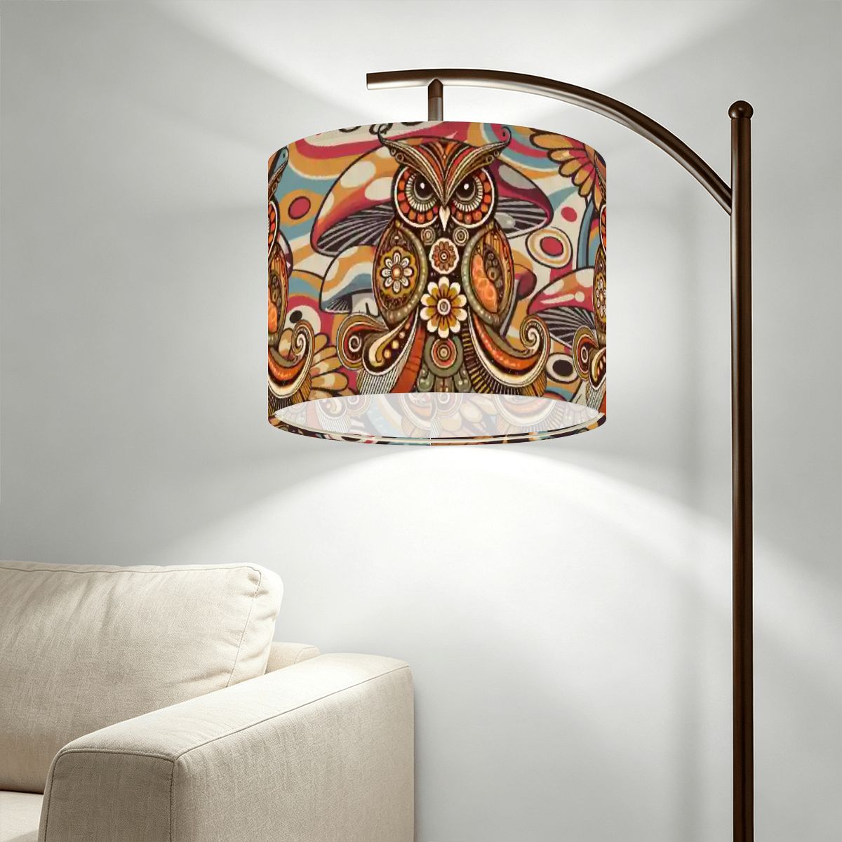 Retro Psychedelic Owl 70s Lampshade, Boho Mushroom Decor