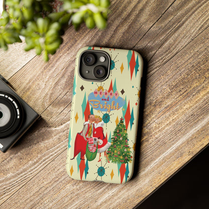 Merry and Bright Retro Christmas iPhone Case, 1950s Kitsch Mid Century Modern Holiday Cover, Atomic Starburst Vintage Phone Accessory