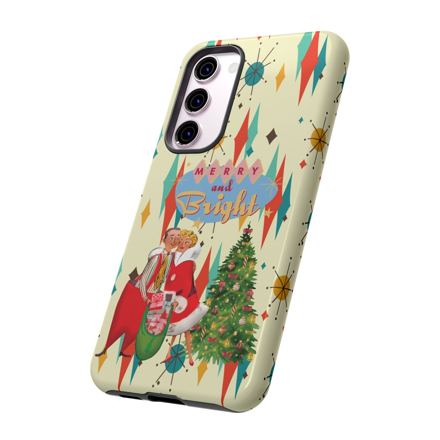 Merry and Bright Retro Christmas iPhone Case, 1950s Kitsch Mid Century Modern Holiday Cover, Atomic Starburst Vintage Phone Accessory