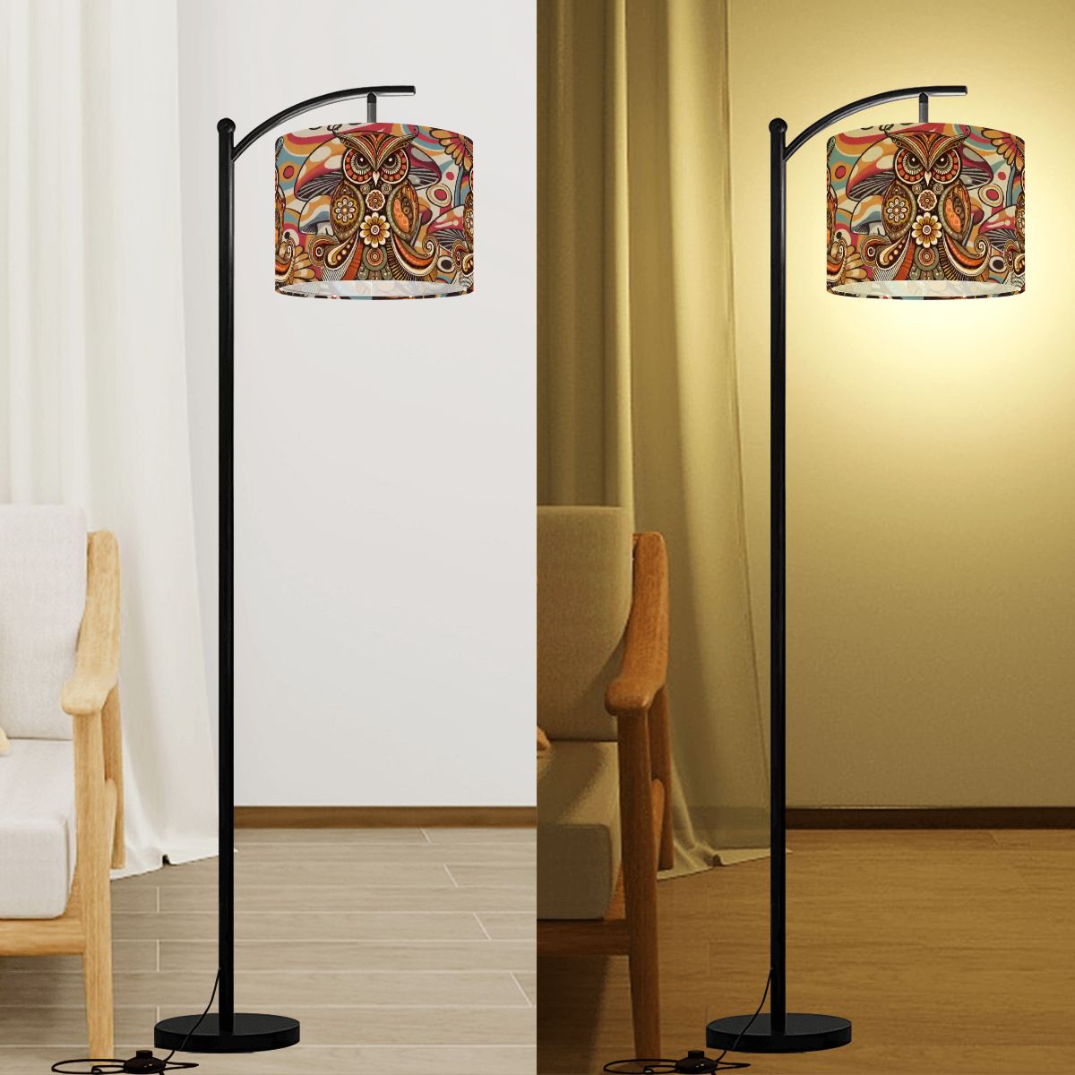 Retro Psychedelic Owl 70s Lampshade, Boho Mushroom Decor
