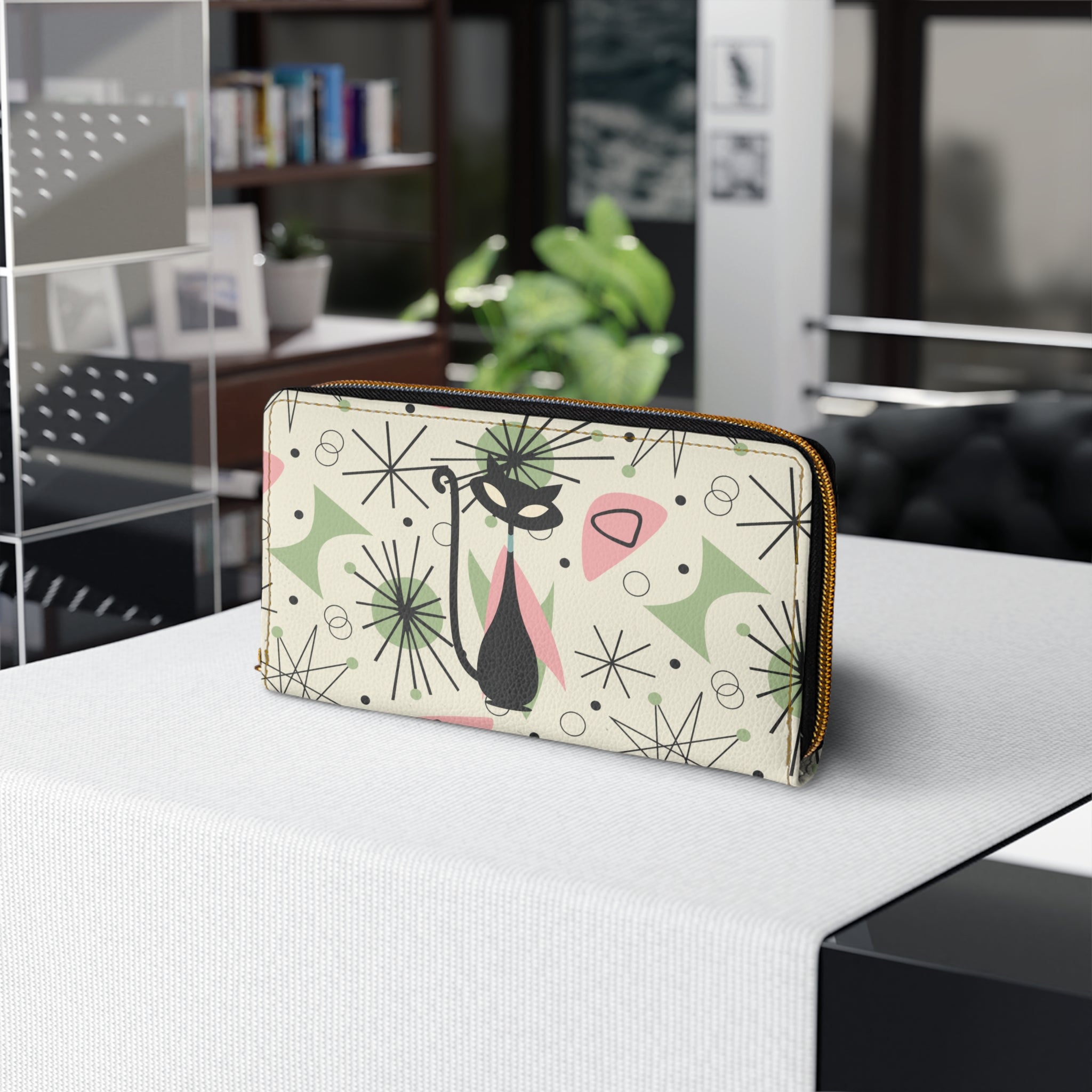 Atomic Cat Kitschy Mid Century Modern Retro 50s Zip Around Wallet
