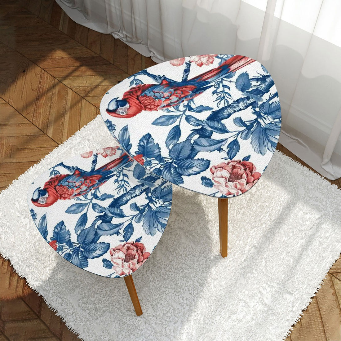 Chinoiserie Parrot Nesting Tables, Blue, Red Floral Accent Coffee Table, Vintage Home Decor