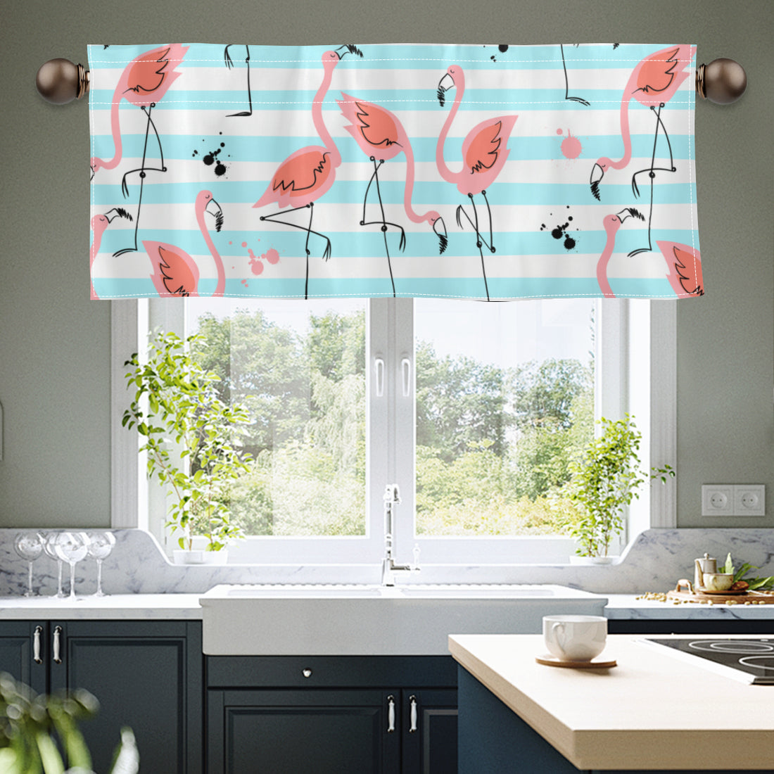 Retro Flamingo Kitchen Valance, Mid Century Modern Pink Blue Striped Window Curtain, Tropical 50s Kitsch Decor