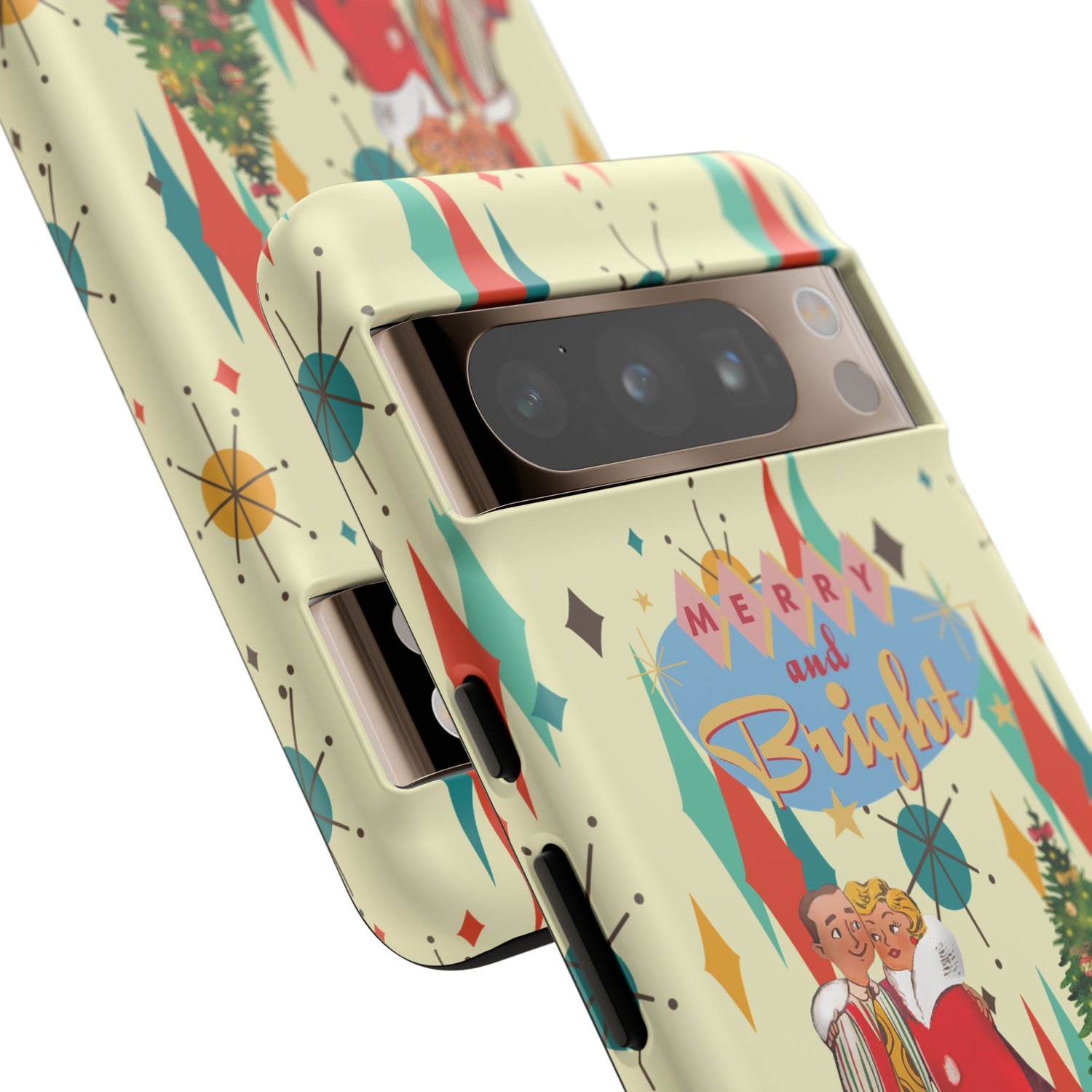 Merry and Bright Retro Christmas iPhone Case, 1950s Kitsch Mid Century Modern Holiday Cover, Atomic Starburst Vintage Phone Accessory