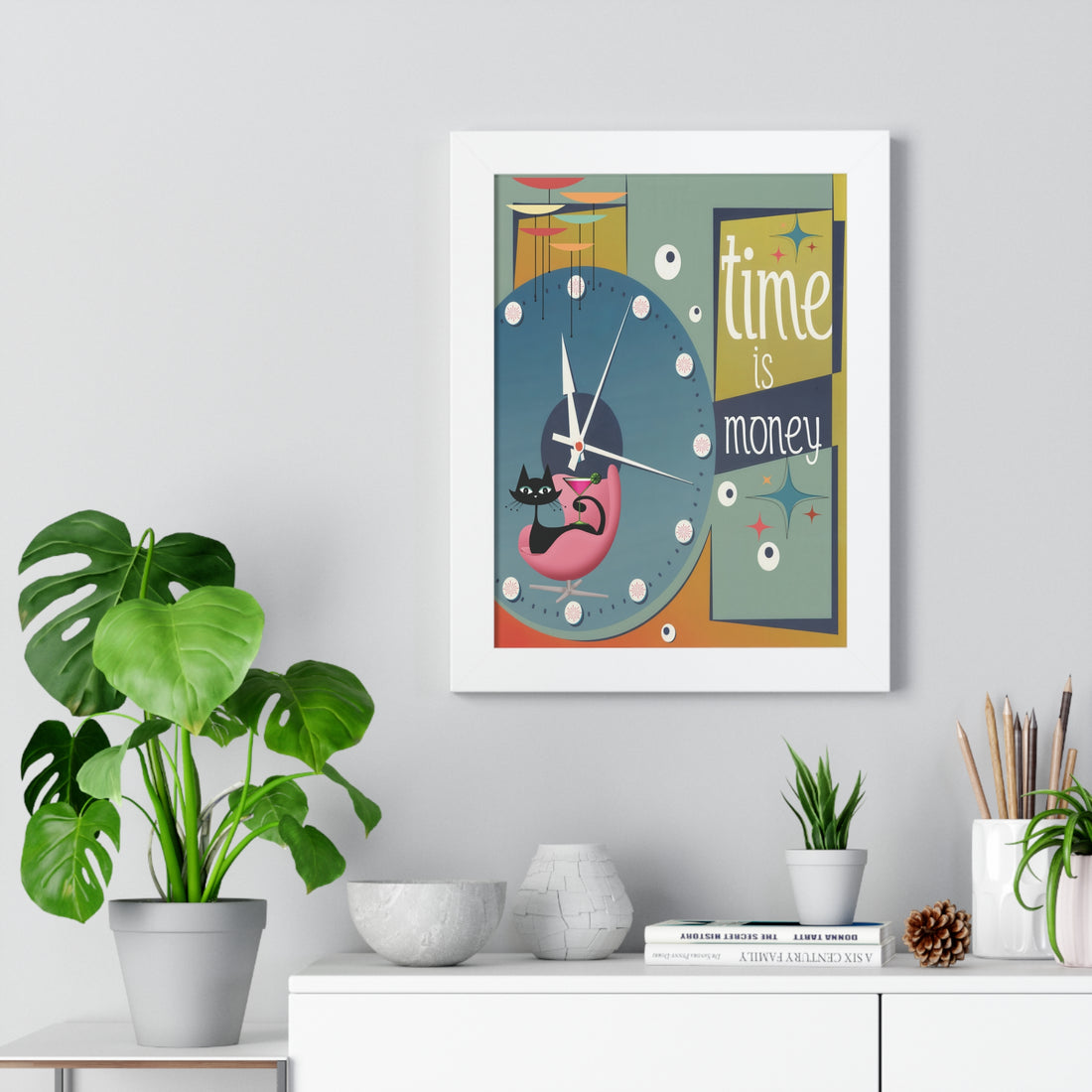 Atomic Cat Mid Century Modern Time is Money Framed Vertical Poster, Retro 50s Wall Art, MCM Clock Starburst Decor