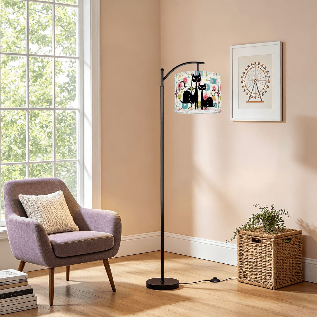 Kitschy Atomic Cat Starburst Mid Century Modern Arc Floor Lamp