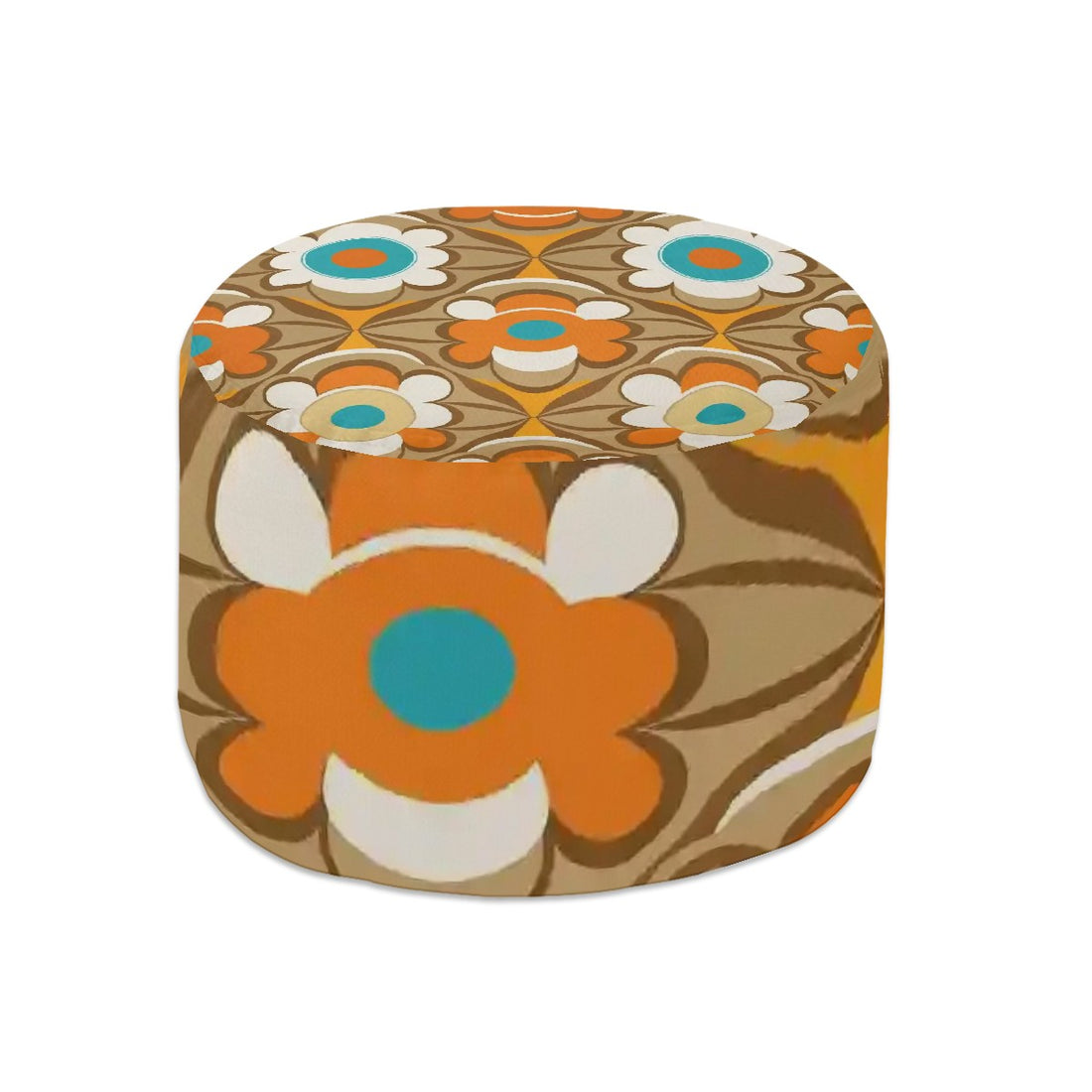 Retro Flower Power Round Ottoman, 60s Mid Century Modern Pouf, Vintage Orange and Turquoise Accent Furniture, MCM Floral Boho Footstool