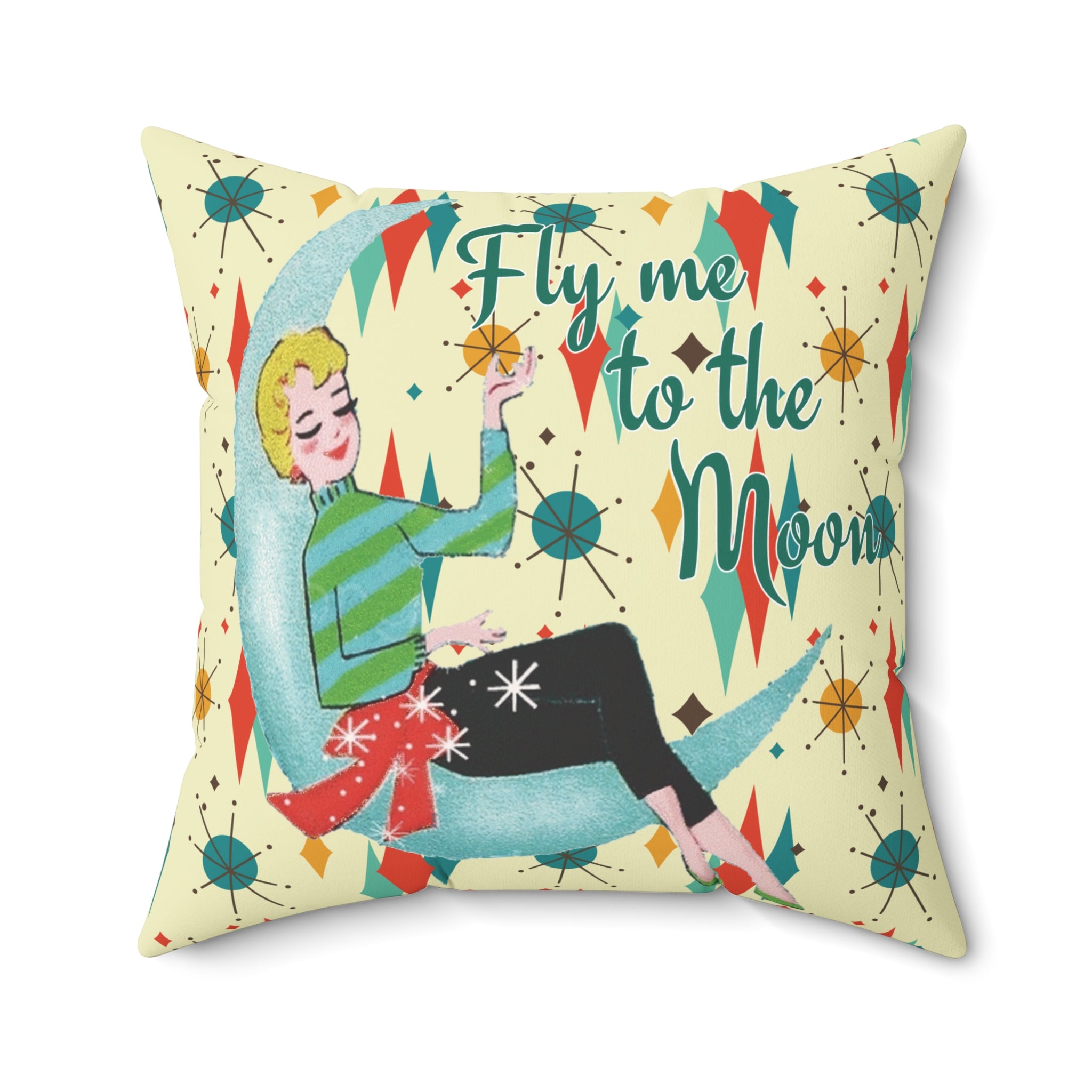 Fly Me to the Moon Mid Century Modern Throw Pillow, Retro Mod Girl