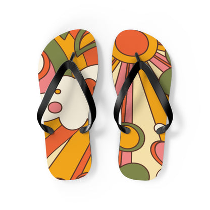 Groovy Sunshine 70s Flip Flops, Boho Sunburst Beach Sandals