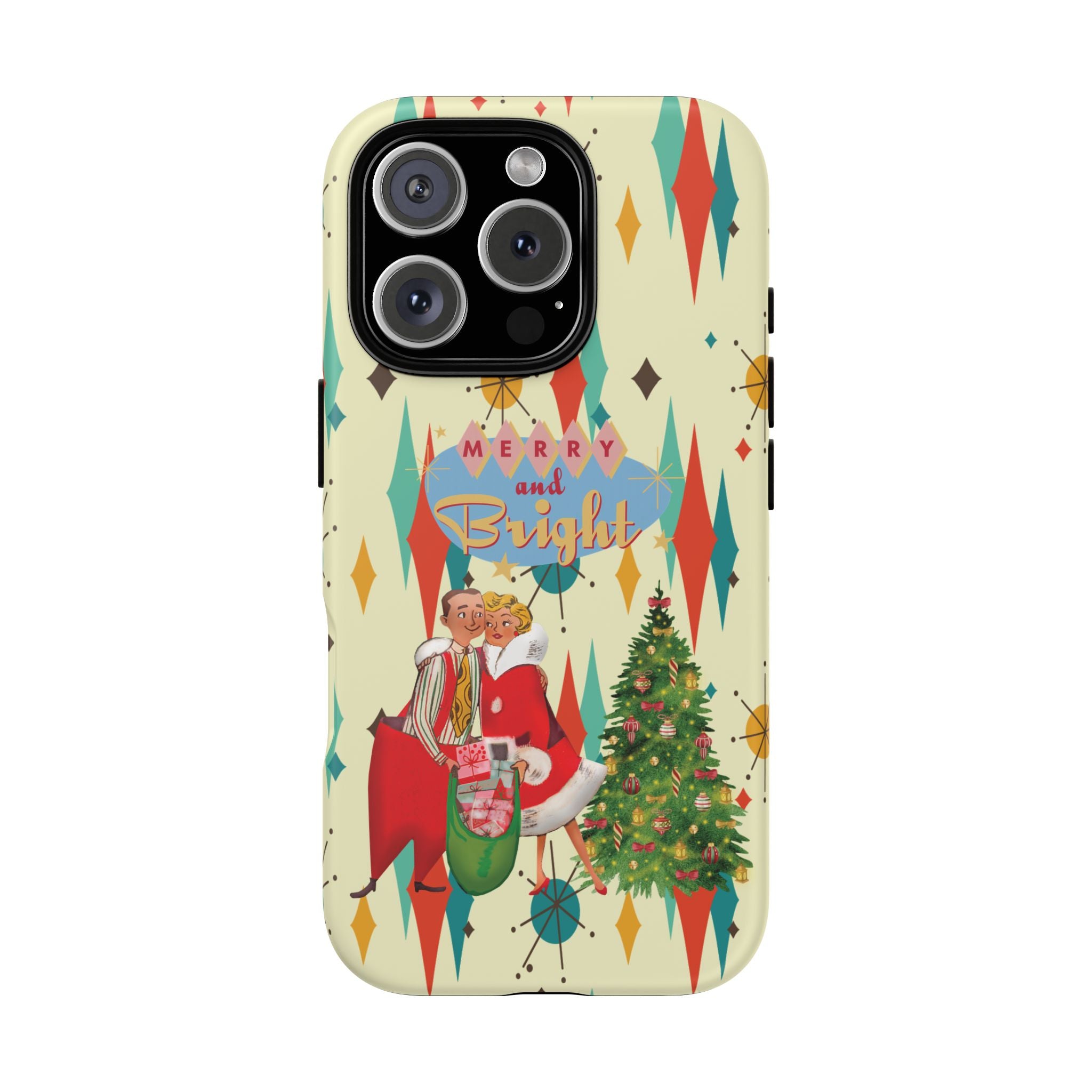 Merry and Bright Retro Christmas iPhone Case, 1950s Kitsch Mid Century Modern Holiday Cover, Atomic Starburst Vintage Phone Accessory