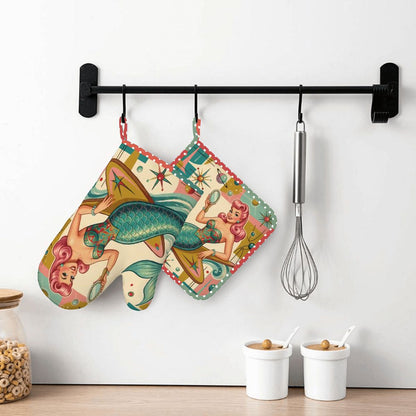 1950s Retro Mermaid Atomic Starburst Oven Mitt Pot Holder Set (Right)