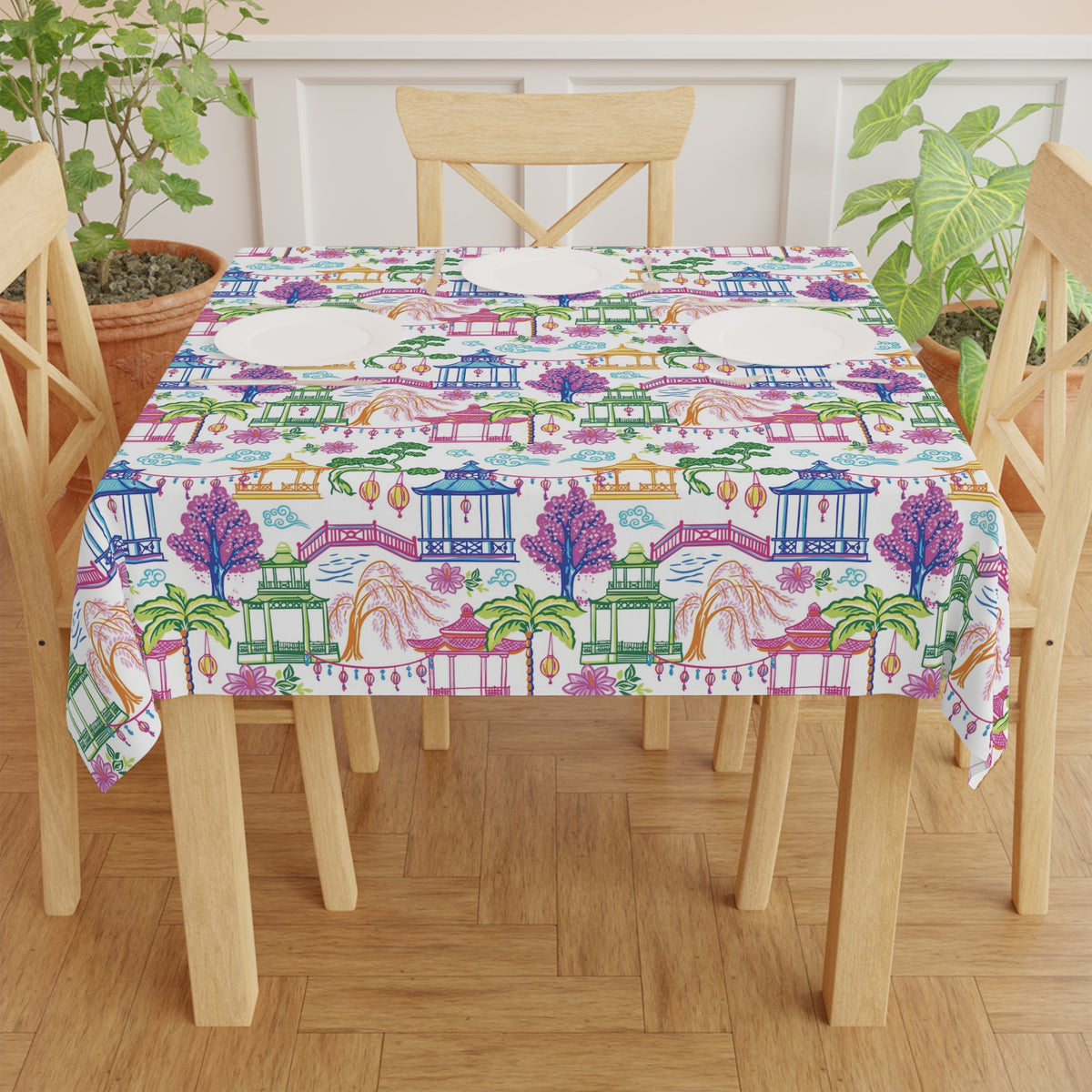 Chinoiserie Pagoda Garden Tablecloth, Grandmillennial Table Linen